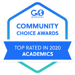 Blue hexagon-shaped award banner displays Community Choice Awards and Top Rated in 2020 Academics.