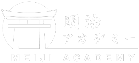 The white Meiji Academy logo on a black background features a torii gate icon and text in Japanese and English.