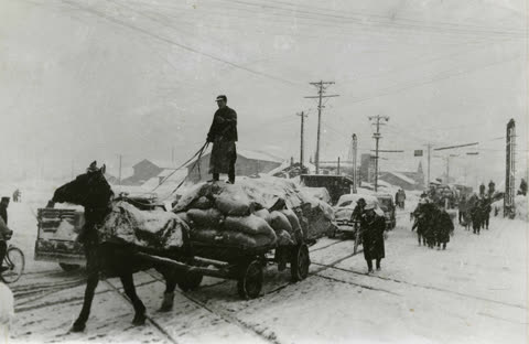 Man stands atop snow-covered goods on a horse-drawn cart in a snowy street.