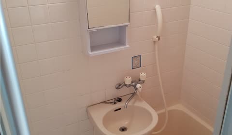 Small bathroom with sink, showerhead, and medicine cabinet.