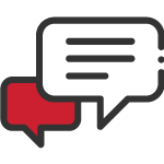 Two speech bubbles, one red, one grey, display text.