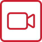 Red video camera icon on black background.